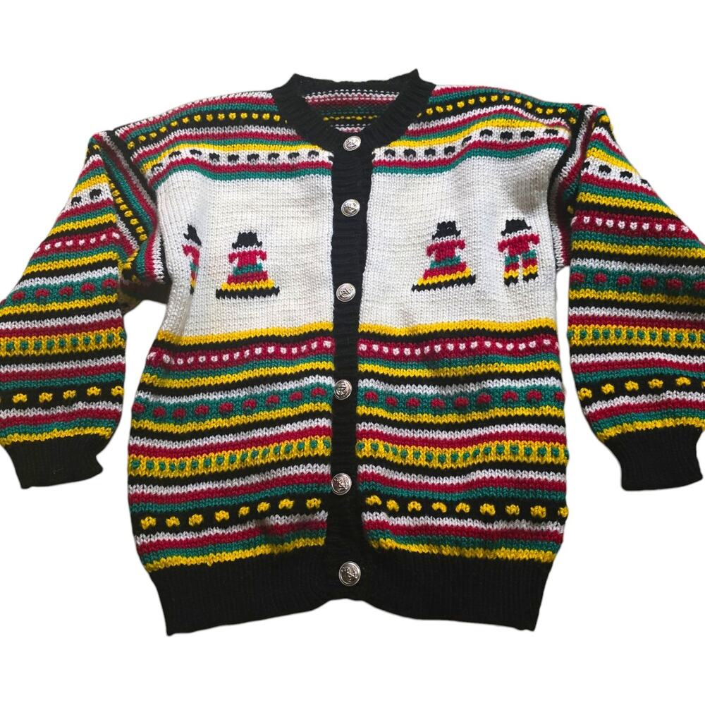 Vintage Handmade Chunky Knit Cardigan Mexican Sweater Pinatas Damas Llamas